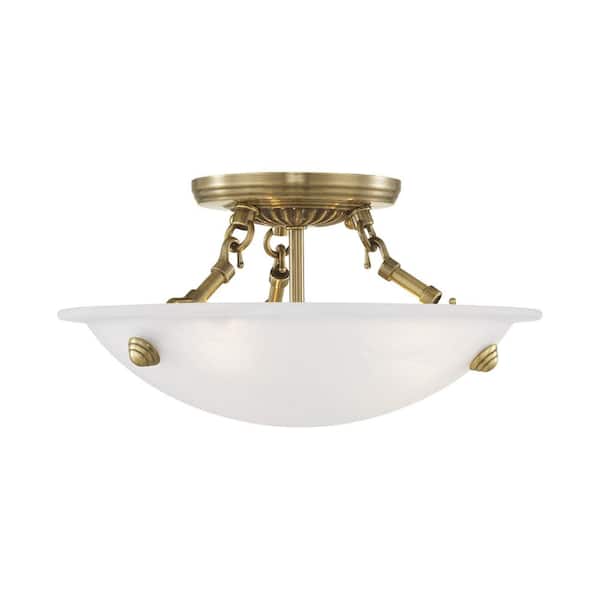AVIANCE LIGHTING Oasis 12 in. 3-Light Antique Brass Semi Flush Mount with White Alabaster Glass