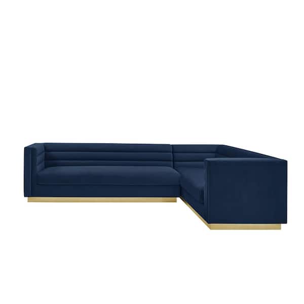 Inspired Home Annemarie 85in Width Square Arm Style Upholstered Velvet Tufted L Shaped Sofa in Blue