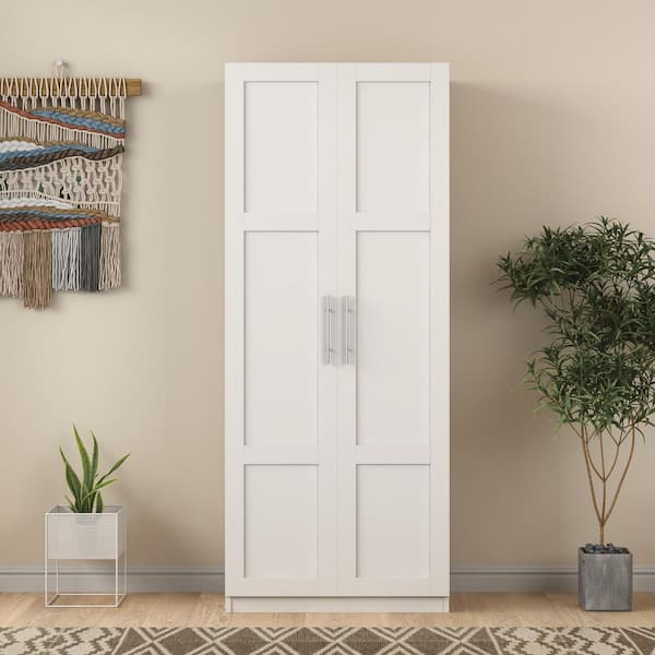 White Armoire Wardrobe Tall Cabinet 3 Partitions to Separate 4 Storage Spaces (29.5 in. W x 15.7 in. D x 70.8 in. H)