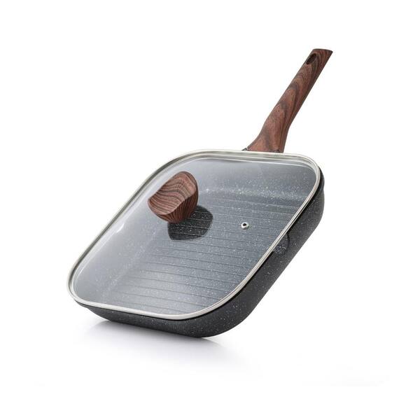 9.5 in. Square Granite Nonstick Grill Saute Pan with Lid and Pour Spouts, Induction Compatible, PFOA Free