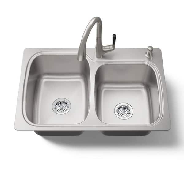 All-In-One 33 in. Drop-In Double Bowl 18 Gauge Stainless Steel Kitchen Sink and Faucet