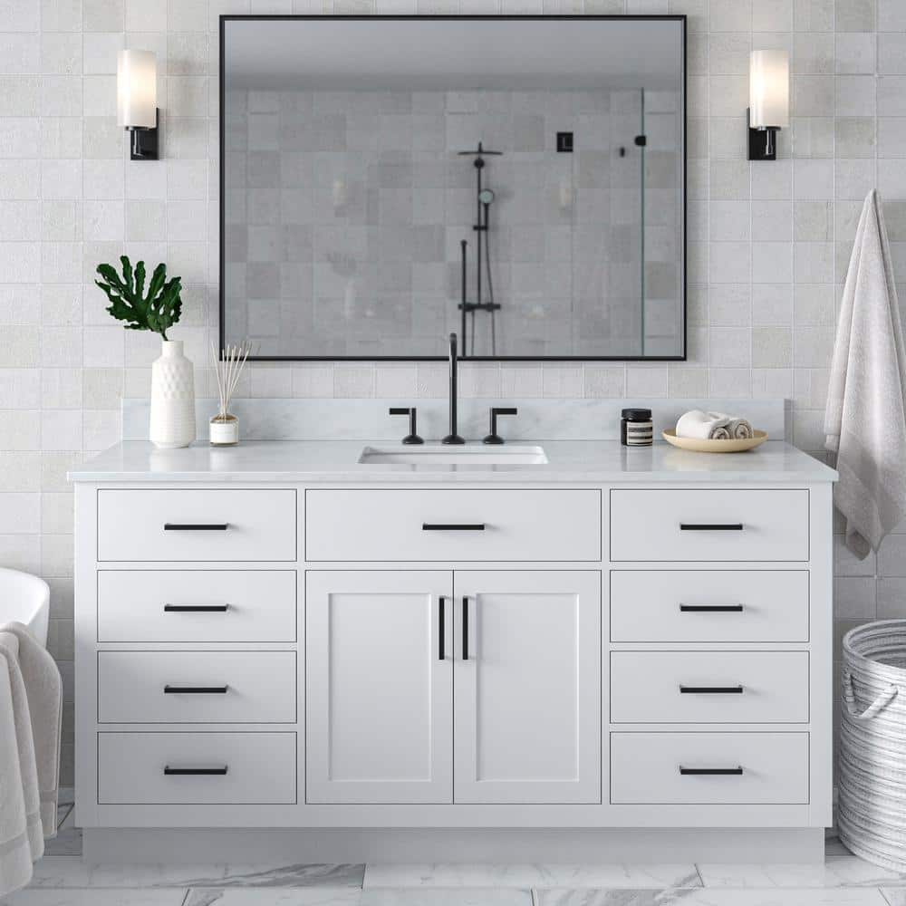 "Hepburn 66 in. Single Sink Freestanding Bathroom Vanity in White with 0.75"" Carrara White Marble Top" price history on PriceWatchPro