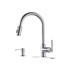 Single Handle Pull Down Sprayer Kitchen Faucet with Soap Dispenser 304 Stainless Steel Sink Faucets in Brushed Nickel