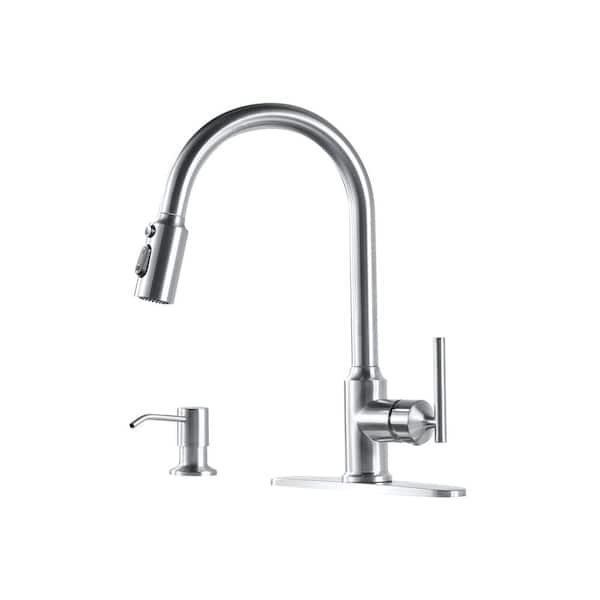 Single Handle Pull Down Sprayer Kitchen Faucet with Soap Dispenser 304 Stainless Steel Sink Faucets in Brushed Nickel