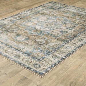 Cascade Blue/Gold 8 ft. x 10 ft. Traditional Medallion Polyester Machine Washable Indoor Area Rug