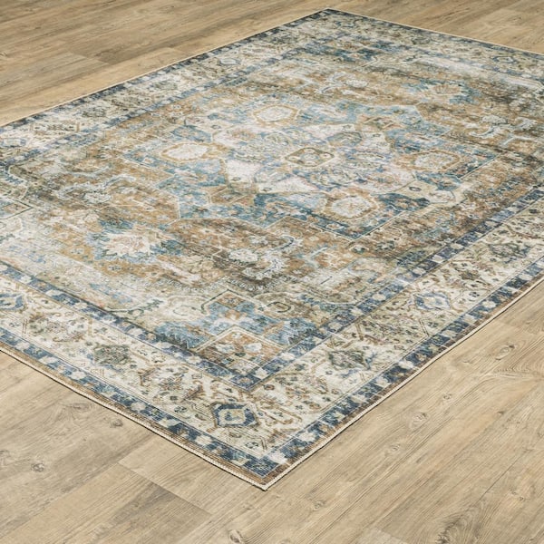 Cascade Blue/Gold 8 ft. x 10 ft. Traditional Medallion Polyester Machine Washable Indoor Area Rug