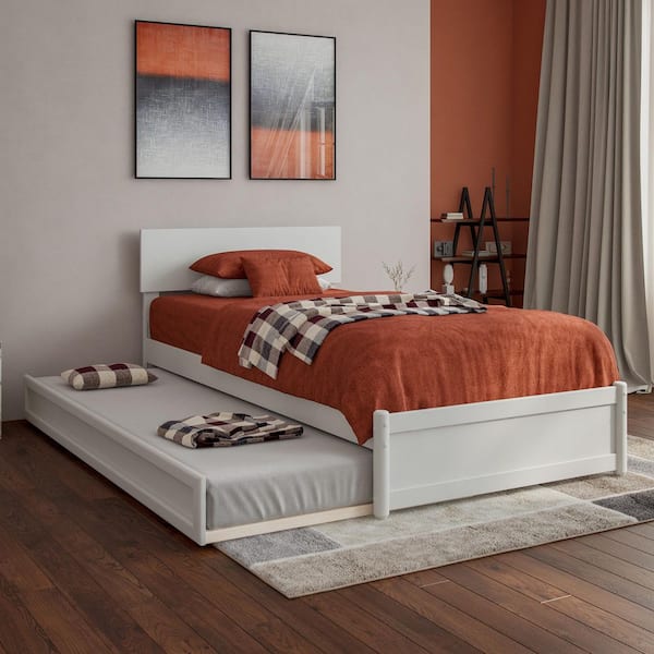 AFI Wesley White Solid Wood Frame Twin XL Platform Bed with Panel Footboard and Twin XL Trundle