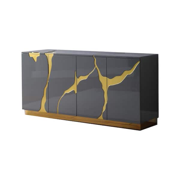 Best Master Furniture Sanford 69 in. Grey High Gloss with Gold Accent Modern-Sideboard