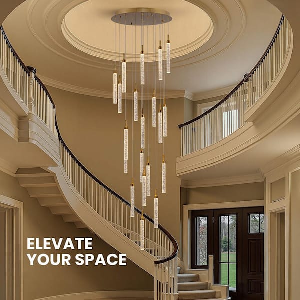20-Light Polished Gold LED Crystal Tiered Clear Glass Metal Chandelier Foyer Staircase