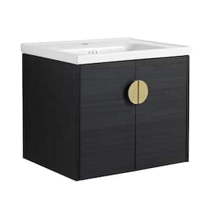 Victoria 24 in. W x 19 in. D x 21 in. H Floating Single Sink Bath Vanity with Ceramic in White and Cabinet in Black Top