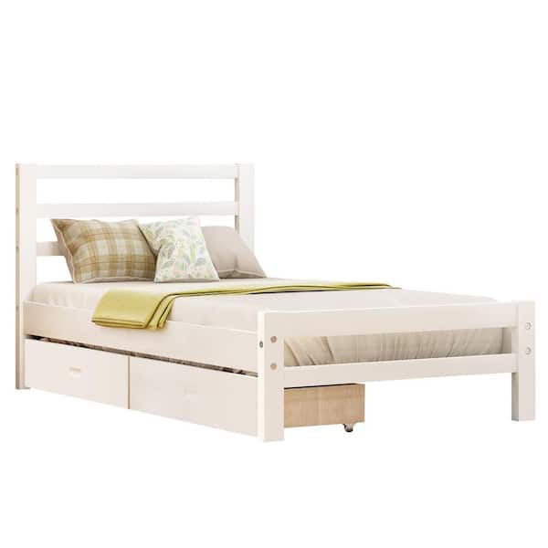 Polibi White Modern Twin Size Solid Wood platform bed with 2-drawers (75.7 in. L x 39.2 in. W x 33.2 in. H)