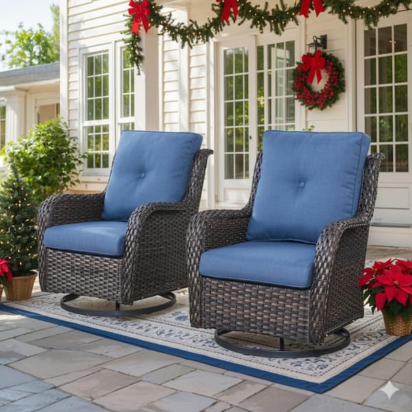Arcline Brown Wicker Swivel Rocker Outdoor Rocking Chair with Olefin Navy Blue Cushions Patio Swivel Chairs (2-Pack)