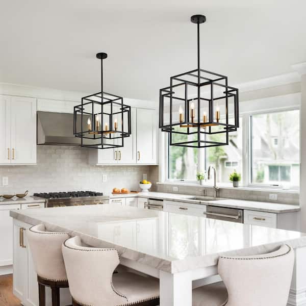 4-Light Industrial Chandelier Dining Room Lighting Fixture Foyer Cage Kitchen Island Ceiling Lamp, Black and Gold