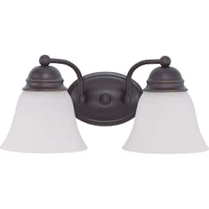 Empire 15 in. 2-Light Mahogany Bronze Vanity Light with Frosted White Glass Shade