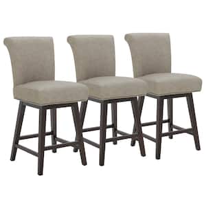 Dennis 26 in. Stone Gray High Back Solid Wood Frame Swivel Counter Height Bar Stool with Faux Leather Seat(Set of 3)