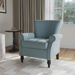 Mid-Century Retro Wooden Brown Legs Light Blue Upholstered Accent Armchair With Nailhead Trim (Set of 1)