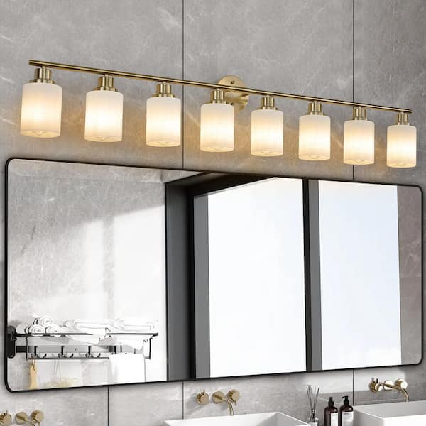 52 in. 8 Light Gold Vanity Light Fixture Modern Iron Metal Bathroom Over Mirror Wall Lights with Frosted White Glass