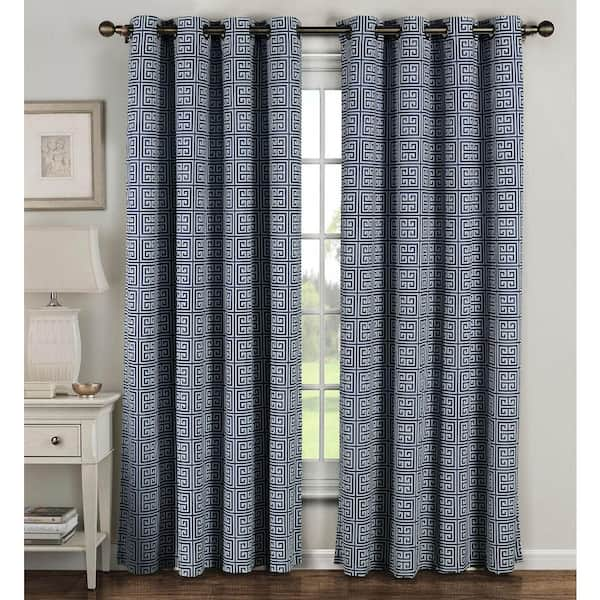 Window Elements Semi-Opaque Greek Key Cotton Blend Extra Wide 96 in. L Grommet Curtain Panel Pair, Navy (Set of 2)