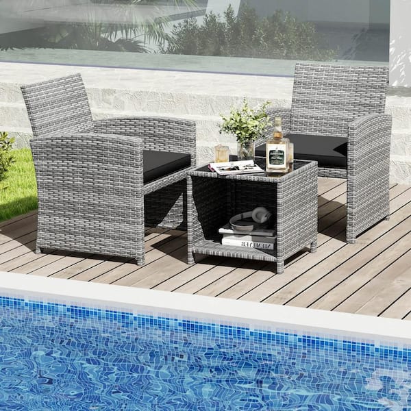 3-Piece Wicker Patio Conversation Set with Tempered Glass Coffee Table and Soft Seat Black Cushions