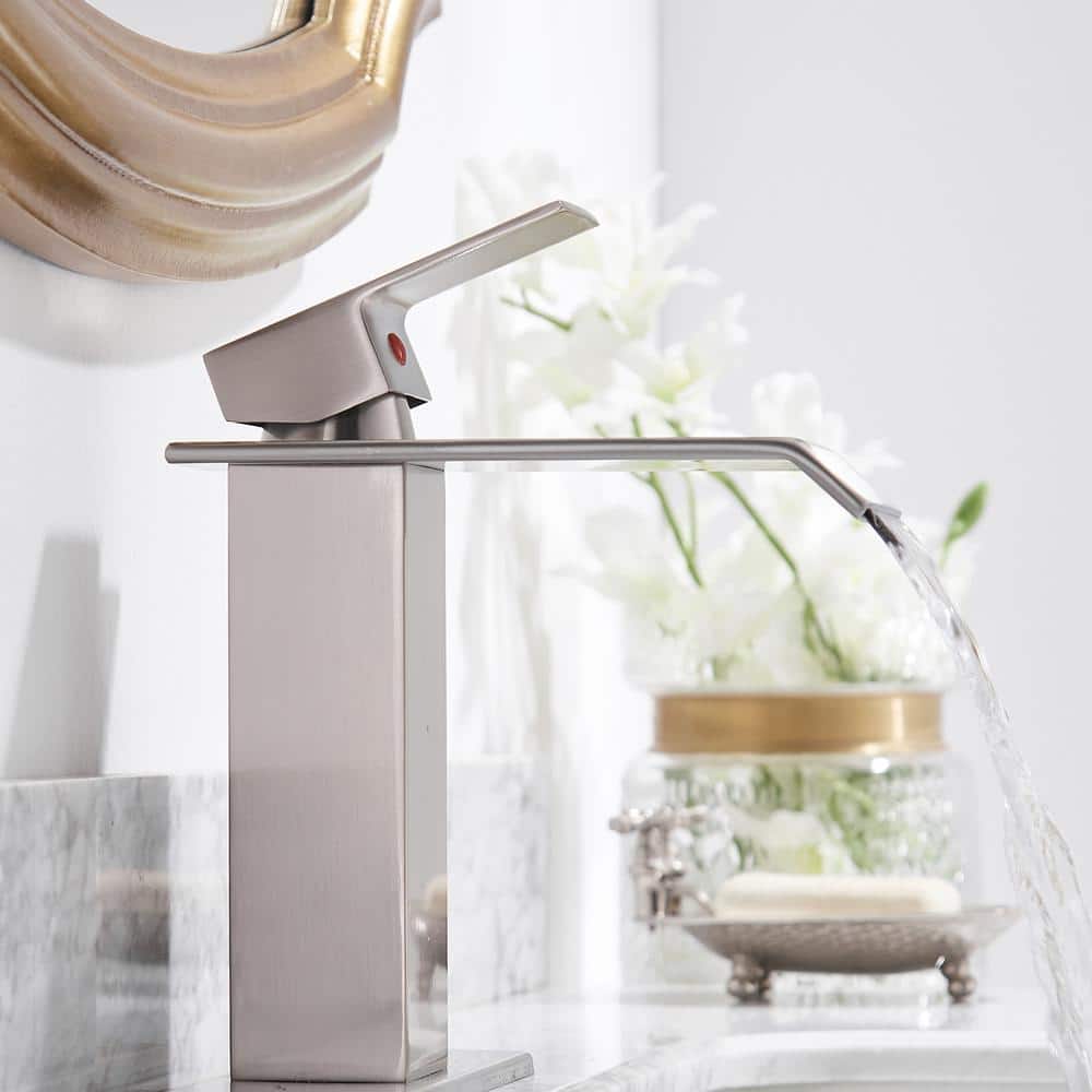 Brushed Nickel Single Handle Waterfall Bathroom Faucet with Pop Up Drain