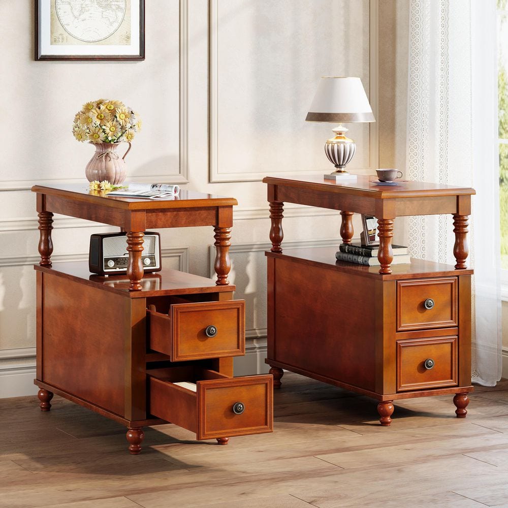Brown 2-Drawer 11.8 in. W x 23.62 in. D Solid Wood Nightstand with Shelf, Beside Table for Bedroom (Set of 2) price history on PriceWatchPro