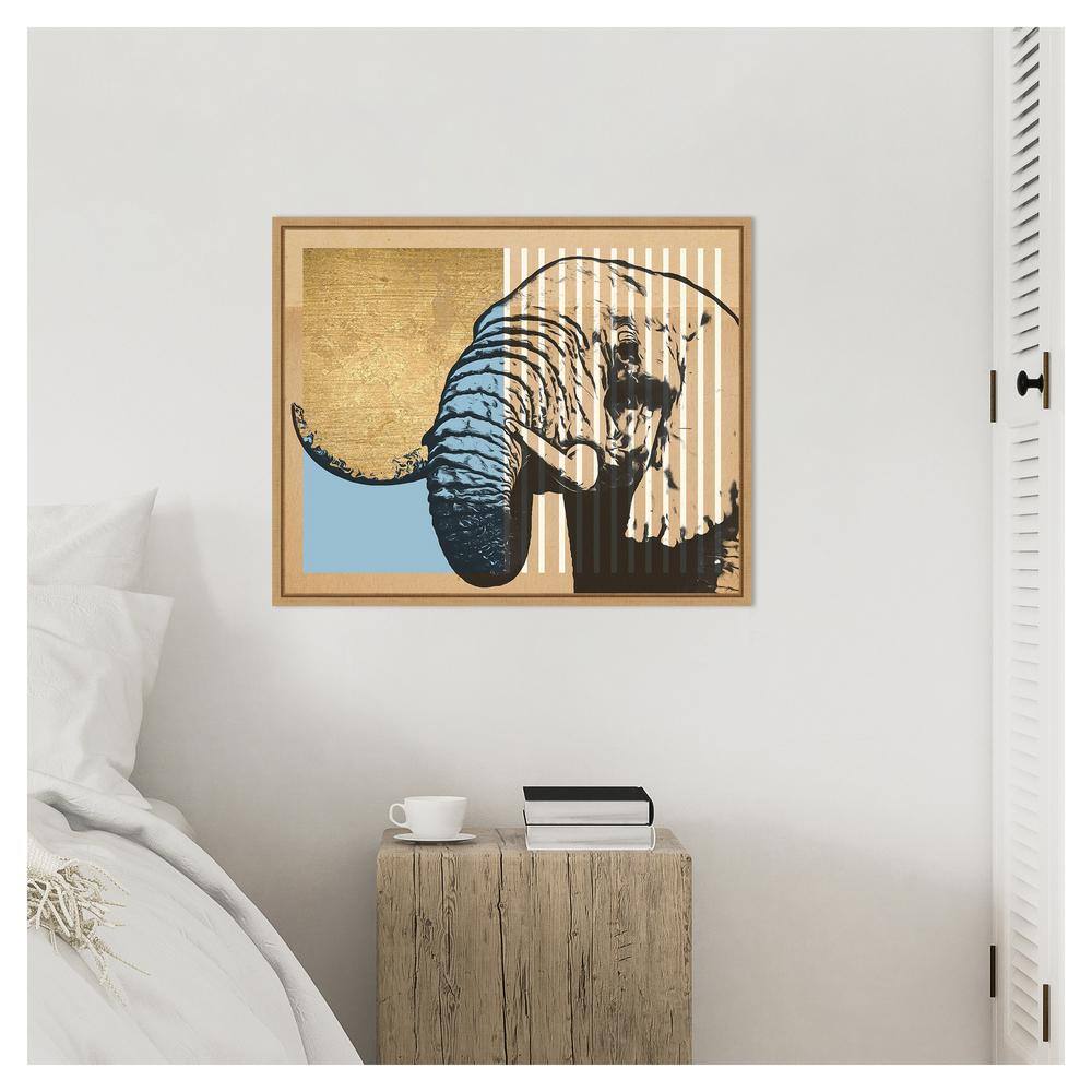 Gold and Blue Geometric Elephant Canvas Print with Maple Frame