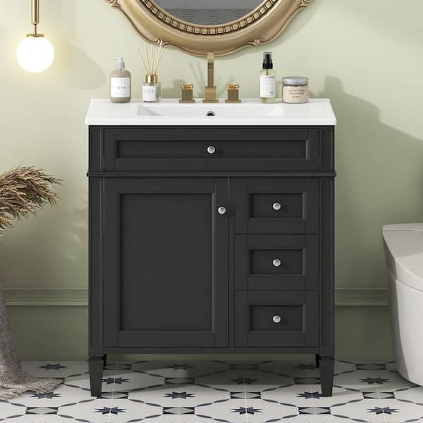 30 in. Freestanding Single Sink Black Bath Vanity with White Ceramic Top