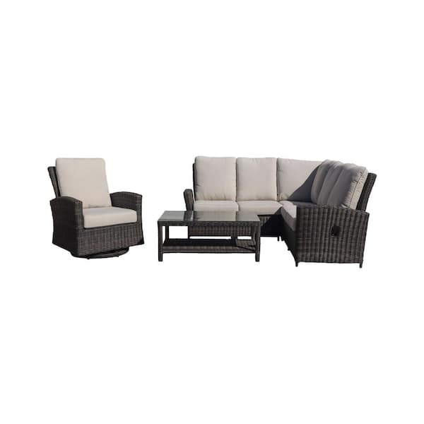 Courtyard Casual Cheshire 5-Piece Aluminum Recline Sectional Set with Swivel Glider and Coffee Table with Cream Cushions