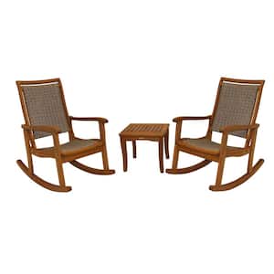 3-Piece Driftwood Grey Wicker and Eucalyptus Outdoor Rocking Chair Set with Square Accent Table