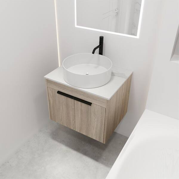 24 Floating Wood Bathroom Vanity Set with Black Sintered Stone Top &  Ceramic Sink