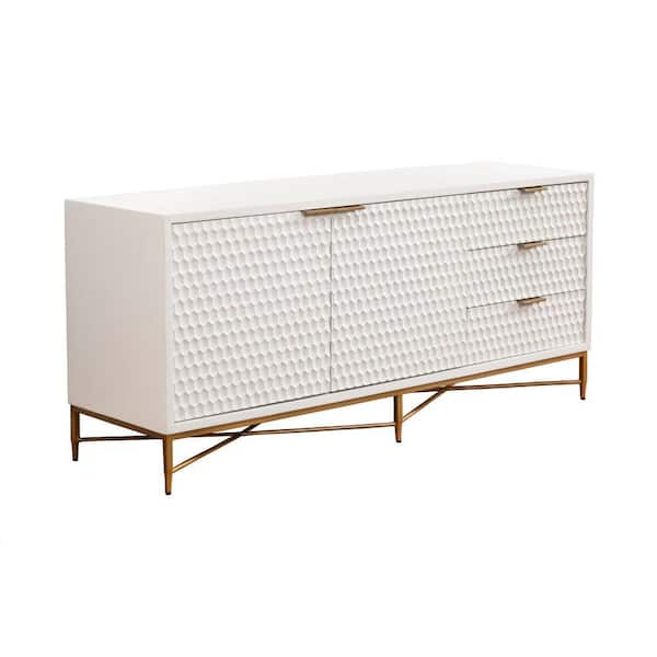 Benjara 64 in. White and Gold Wood TV Stand Fits TVs up to 70 in. with 3-Drawers