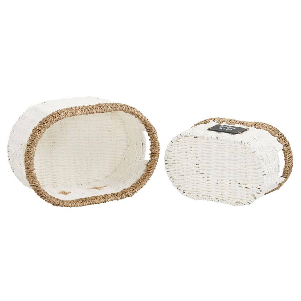 White Oval Seagrass and Paper Rope Storage Baskets, Set of 2