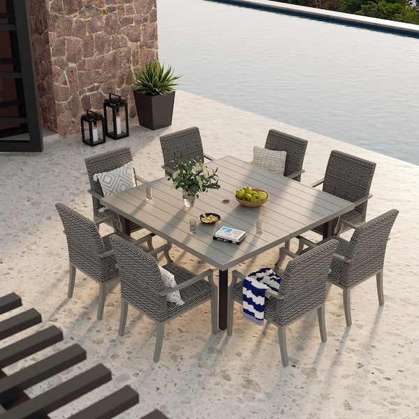 Allure 9-Piece Wicker Outdoor Dining Set, 8-Dining Armchairs and Square Dining Table