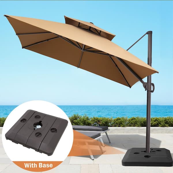 Double Top 10 ft. x 10 ft. Aluminum Outdoor 360° Rotation Cantilever Patio Umbrella in Tan with 240 lbs. Square Base