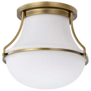 Valdora 10.38 in. 1-Light Natural Brass Traditional Flush Mount with Clear Seeded Glass Shade and No Bulbs Included