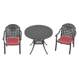Isabella Black 3-Piece Cast Aluminum Outdoor Dining Set with Round Table and Dining Chairs and Random Color Seat Cushion