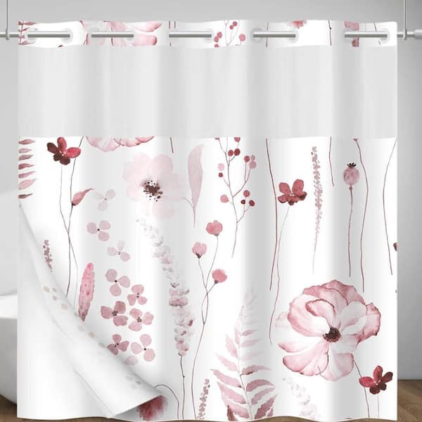 Floral No-Hook Shower Curtain with Snap-In Liner,Burgundy