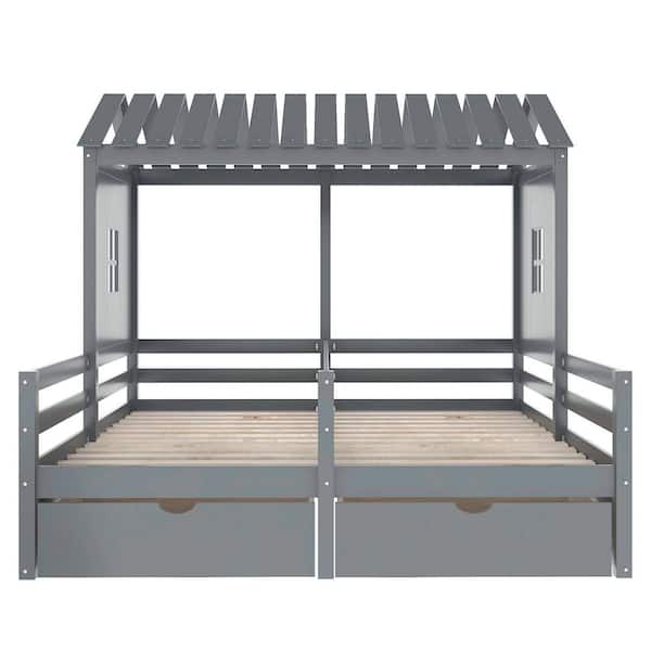 STICKON Gray Wood Frame Twin House Platform Beds with 2-Drawers