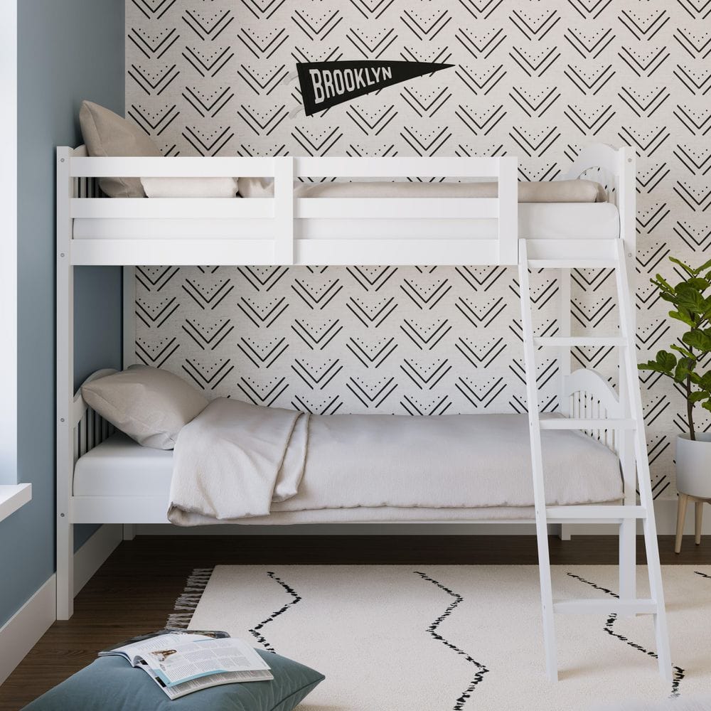 White Twin Mission Wood Bunk Bed with Headboard and Slats
