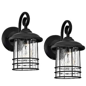 5.5 in. W 1-Light Outdoor Matte Black Wall Sconce with Clear Seedy Glass (Set of 2)