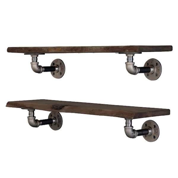 24 in. W x 7.5 in. D x 4.5 in. H Trail Brown Live Edge Wood Decorative Wall Shelf with Pipe Brackets (Set of 2)
