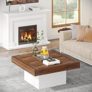 Allan 35.43 in. Rustic Brown and White Square MDF Coffee Low Coffee Table with Adjustable LED Light for Living Room