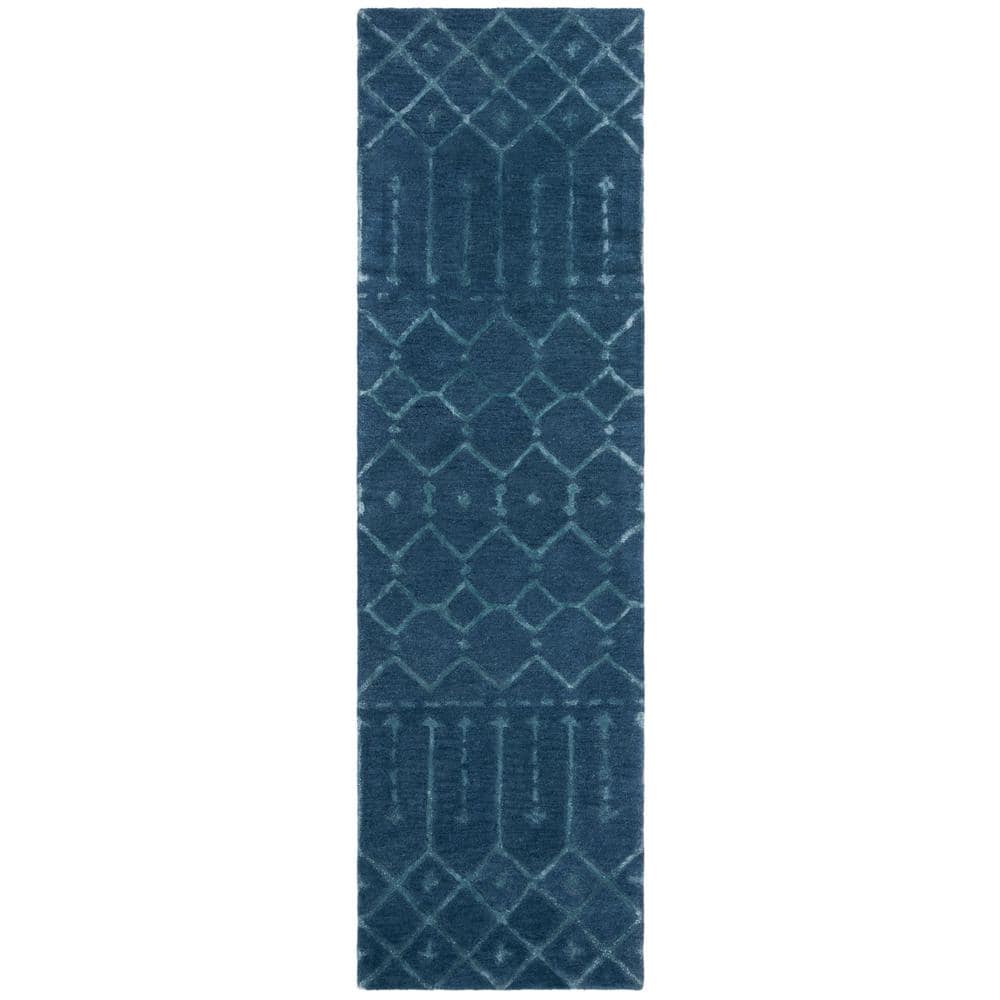 Handmade Navy and Silver Wool Geometric Runner Rug
