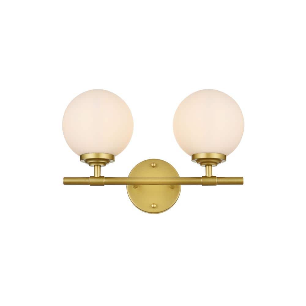 Simply Living 15 in. 2-Light Modern Brass Vanity Light with Frosted White R
