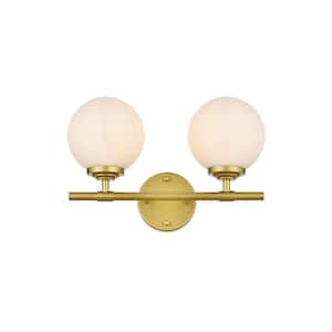Simply Living 15 in. 2-Light Modern Brass Vanity Light with Frosted White Round Shade