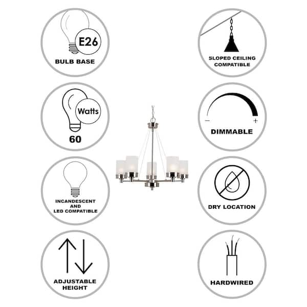 Fusion 5-Light Brushed Nickel Chandelier Light Fixture with Frosted Glass Shades