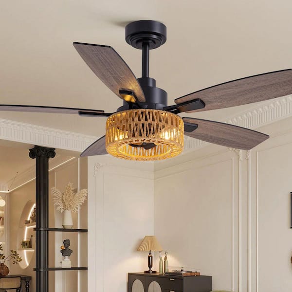 46 in. Indoor Boho Black Caged Ceiling Fan with Light Kit, Reversible Blades and Remote Included