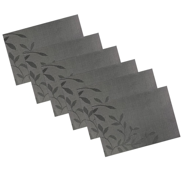 Kraftware EveryTable 18 in. x 12 in. Leaves on Black Jacquard PVC Placemat (Set of 6)