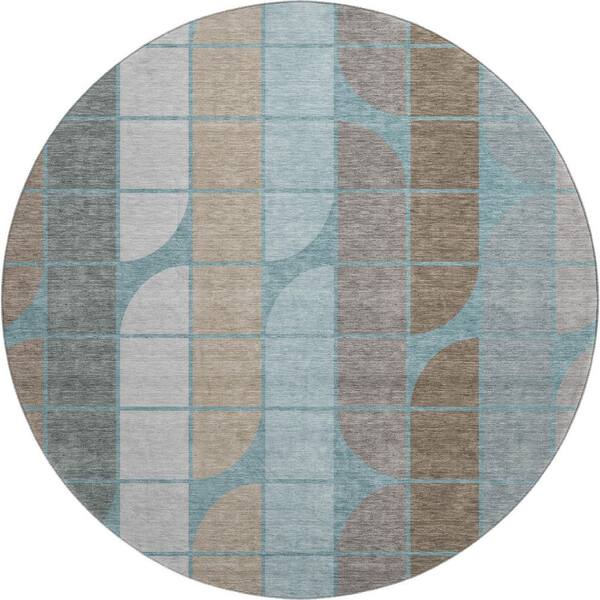 Mayfield Premium Machine Washable Abstract AMF2418 Teal 8 ft. x 8 ft. Round Rug