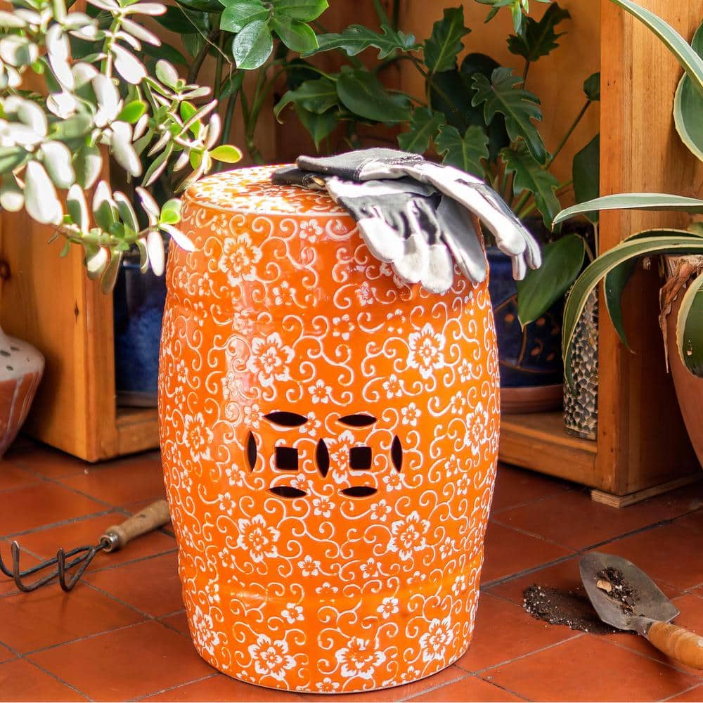 Red Lantern White Flowers on Orange Ceramic Garden Stool BW